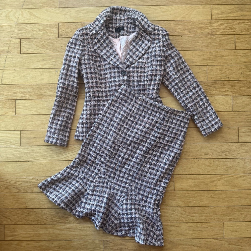 Vintage Tweed Skirt Suit Set Blazer + Midi Skirt Pink Brown 90s Y2K